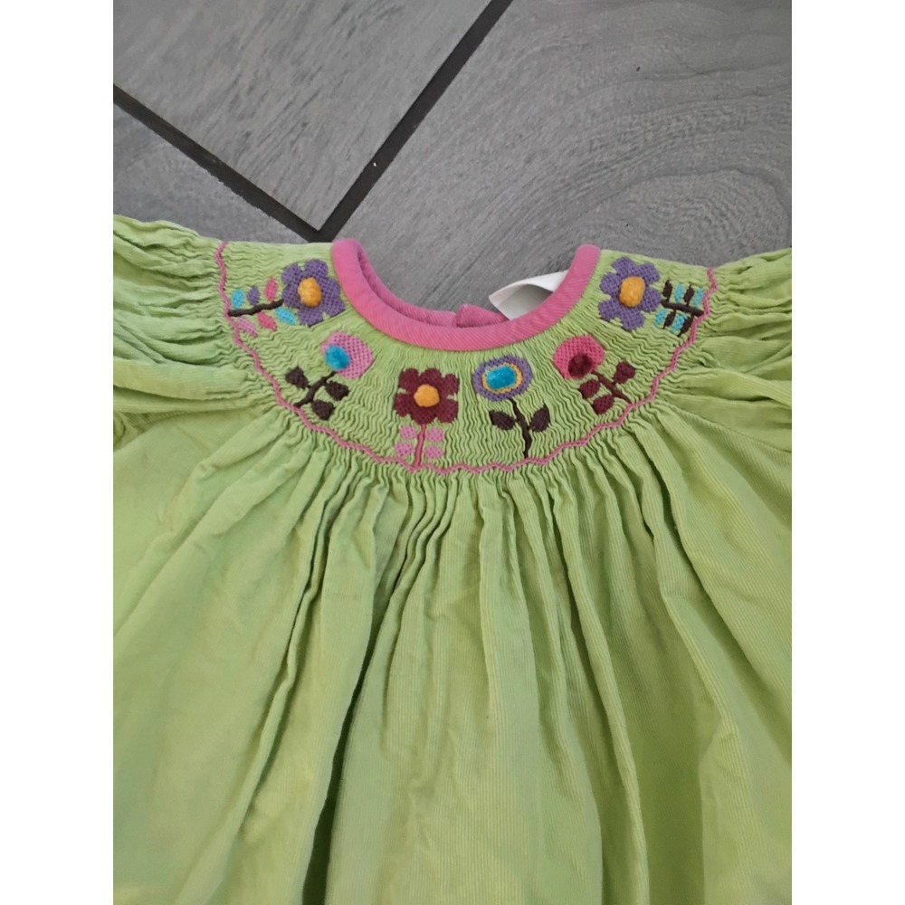 Zuccini Girls 2T Lime Green Corduroy Smocked Floral Bishop Dress Pink Trim